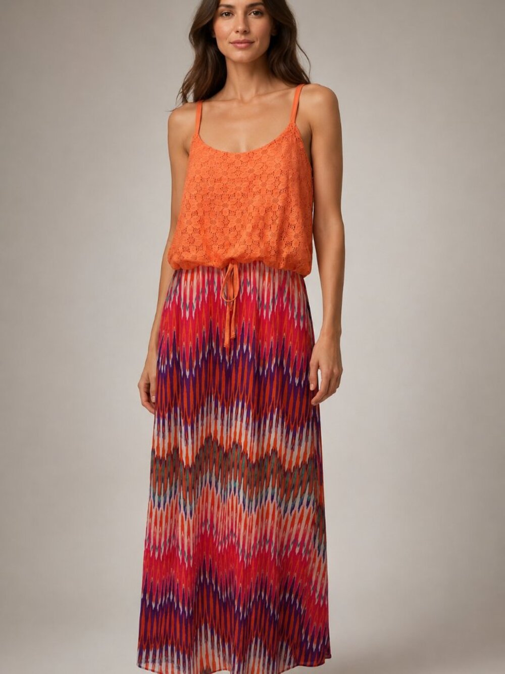 Faded Glory Plus Size 2X Orange Lace Multicolor Maxi Dress